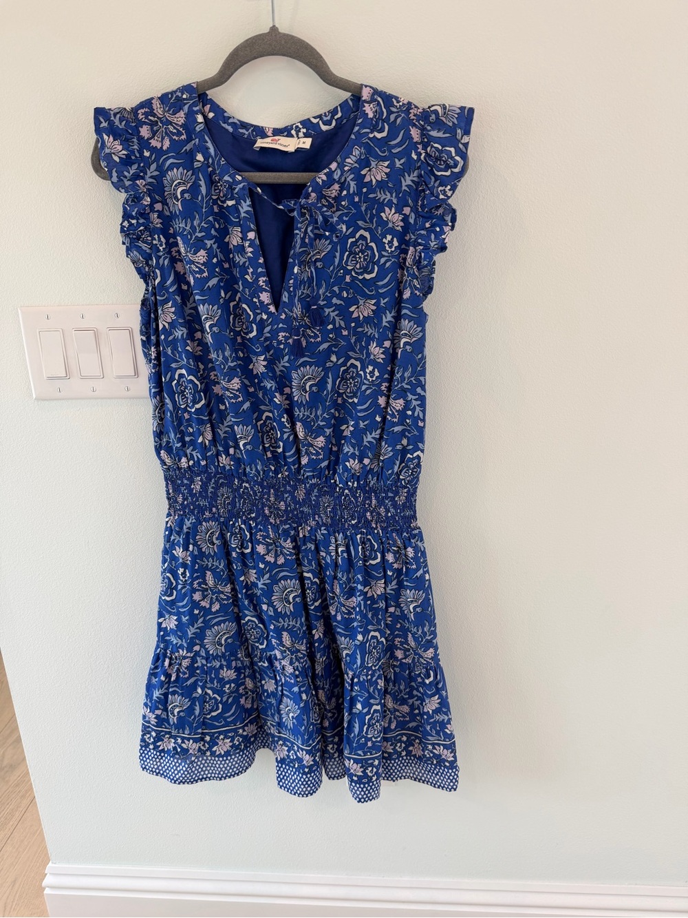 Vineyard Vines Royal Blue Floral Smocked Waist Flutter-Sleeve Dress